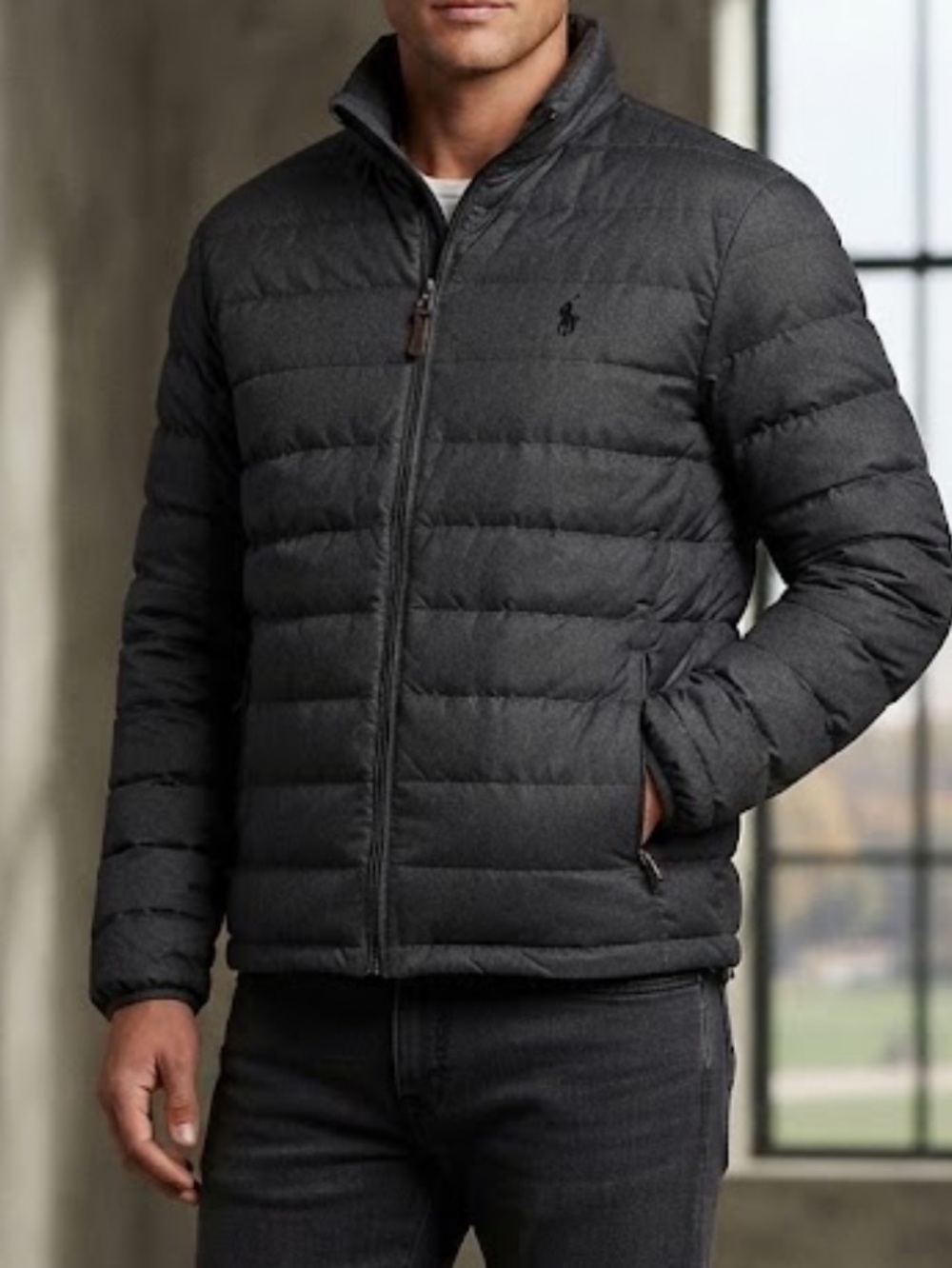 Polo Ralph Lauren Packable Puffer Jacket Men Grey Quilted Full Zip Pony Jacket
